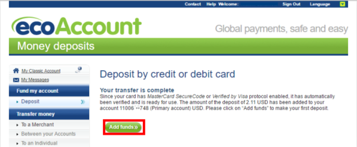 ecoPayz（エコペイズ）口座へ入金のためのクレジットカードの認証確認イメージ画像