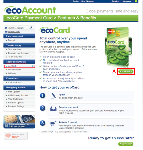 ecoPayz（エコペイズ）が発行する［ecoCard］の申し込みページイメージ画像
