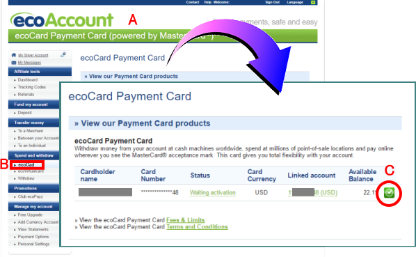 ecoPayz公式アカウントページで、届いたecoCardの有効化手続きイメージ画像