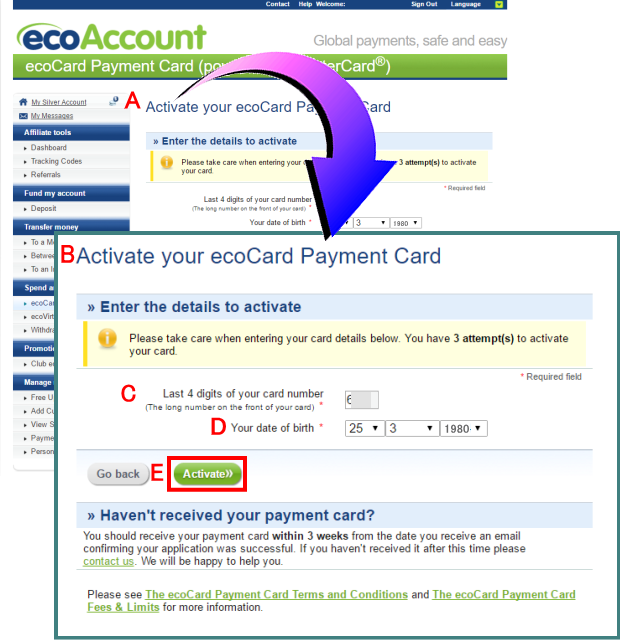ecoCardの有効化のためのカード情報記入ページイメージ画像